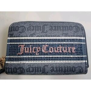 Juicy Couture Fashion Statement Double Zip Wallet Denim Blue Pink Rhinestone NWT